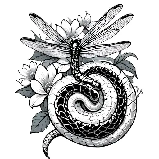 Snake And Dragonfly With Flowers