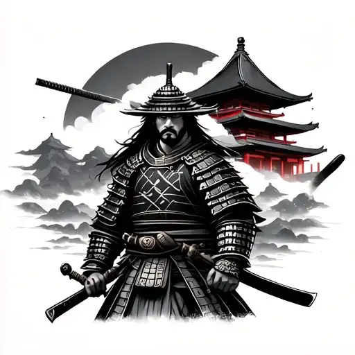 Samurai Warrior With Japanese Temple In Background