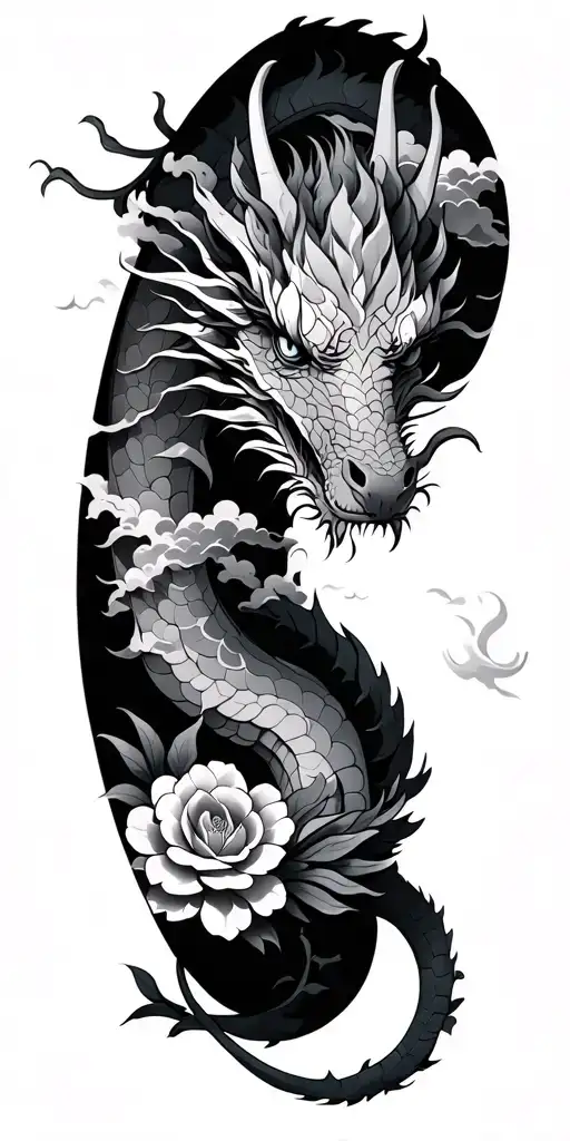 Make A Dragon Tattoo Sleeve For My Right Arm Black And Grey With Clouds And Flowers