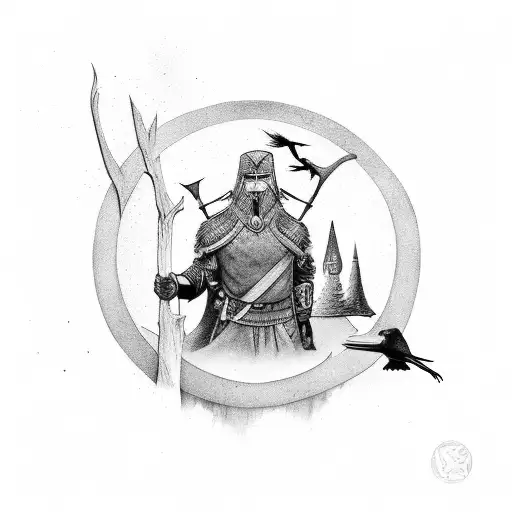 Norse Mythology Symbol With Forrest And Crows