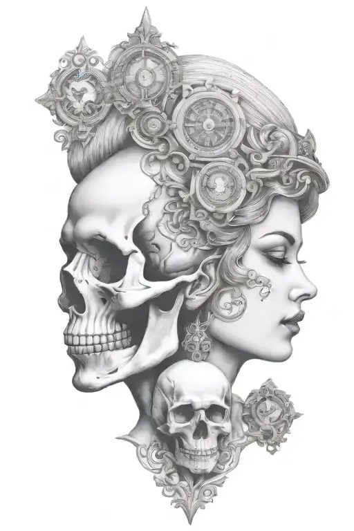Janus Head Profile Skull And Lady With Hourglass Pendant