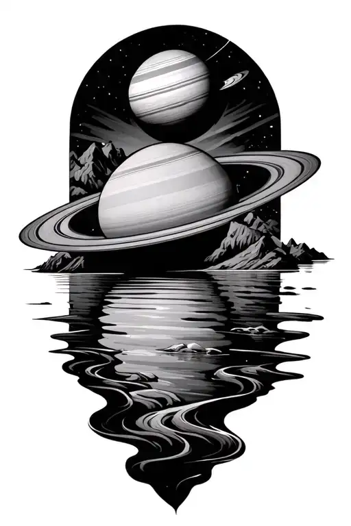 Forming Saturn Above A Large Flowing River Running With Patterns