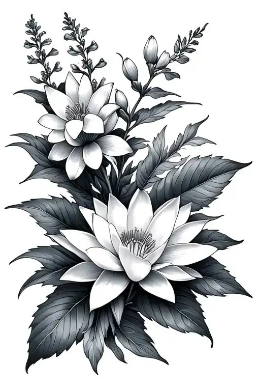 Floral Long Skinny Tattoo With Larkspur And Water Lily Flower