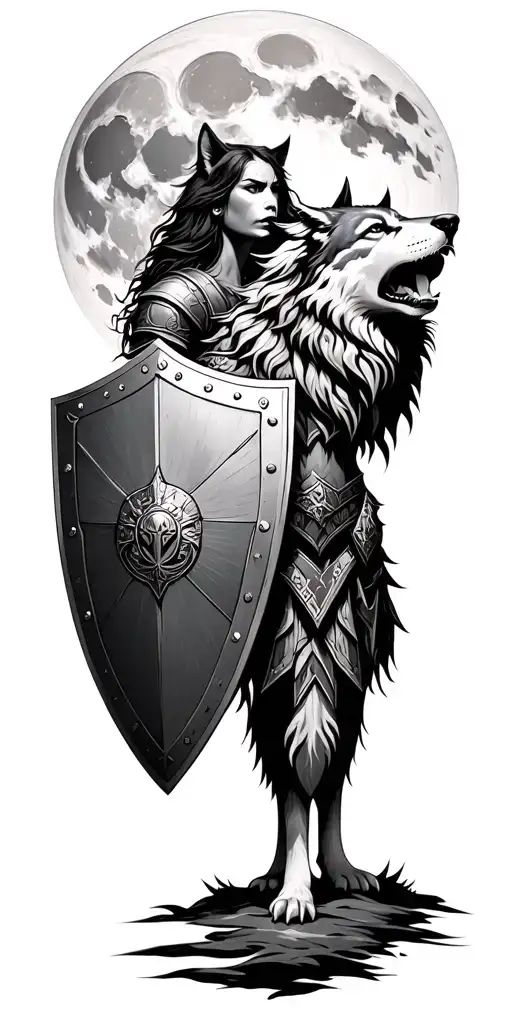 Warrior With Shield And Wolf Howling At The Moon