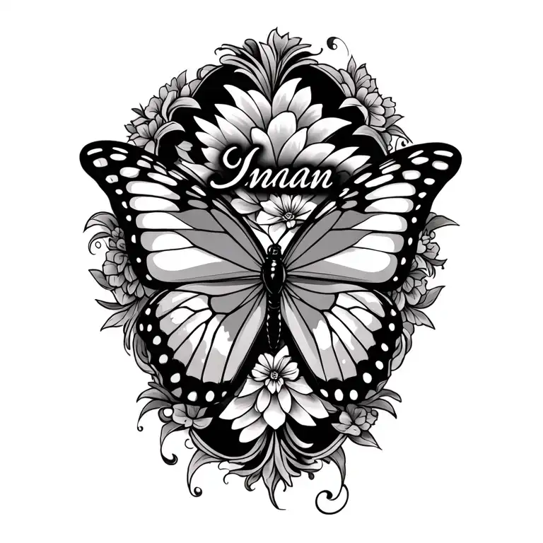 Tattoo Butterfly With Name Iman Written Inside Surrounded