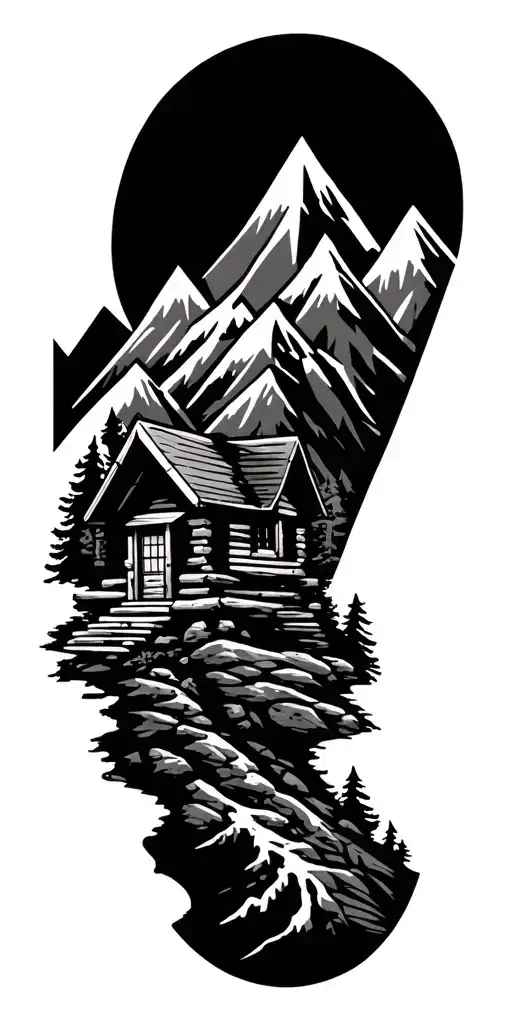 A Geometric Mountain Landscape Incorporating A Log Cabin
