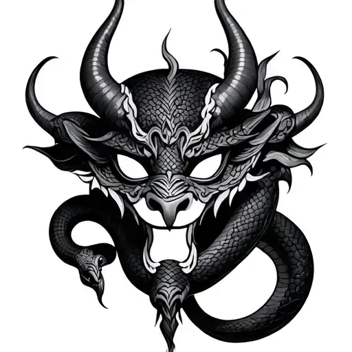 Half Oni Mask With Snake Intertwined