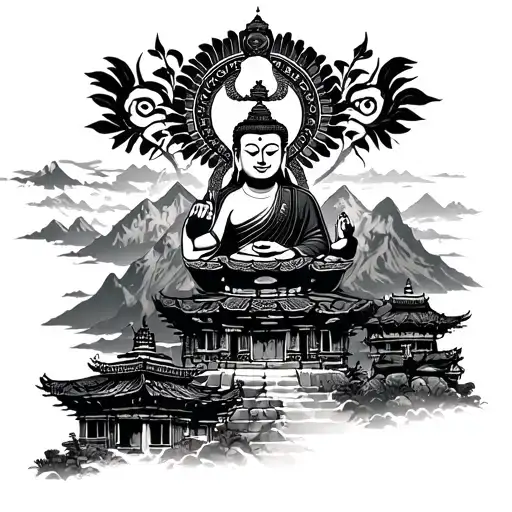 Nepalese Elements Like Mountain Buddha Flag Temples Colour Khukuri