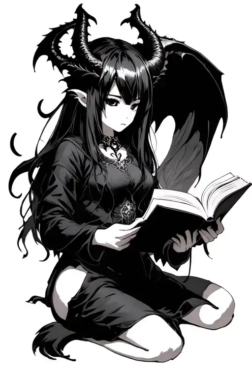 Demon Anime Girl Reading Book