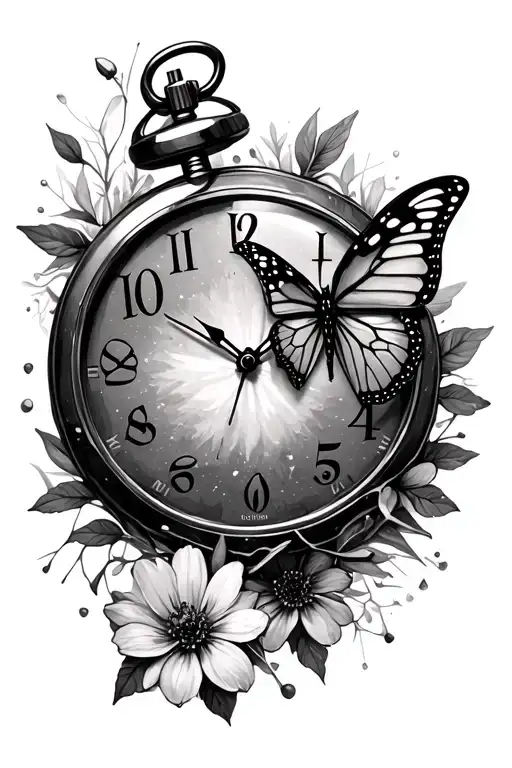 Shattered Stop Watch With Butterfly And December Birth Flowers
