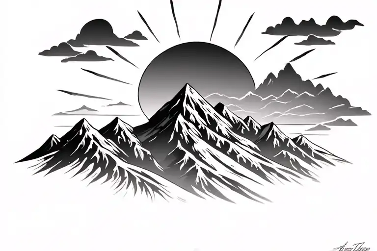 Mountains And Sun With Rays