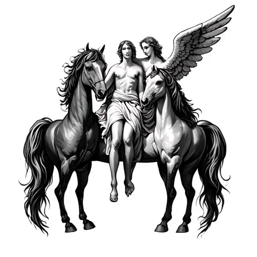 A Tattoo On The Chest Of An Angel Tied To Two Horses