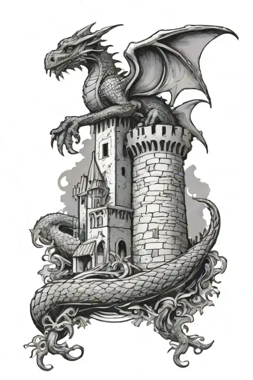 A Dragon Curled Around A Medieval Castle Tower Tarot Card