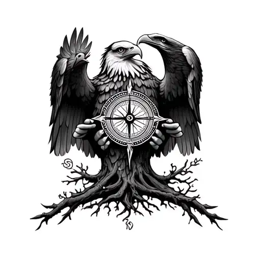 Tree Of Life With Compass And Eagle Holding