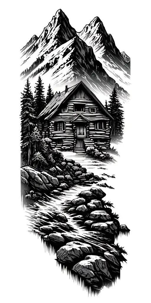 A Mountain Landscape Incorporating A Log Cabin