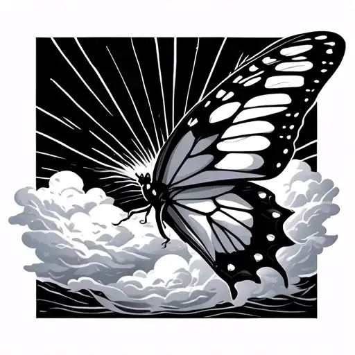 Side Angle Of Butterfly Flying Out Of Clouds And Sun Rays