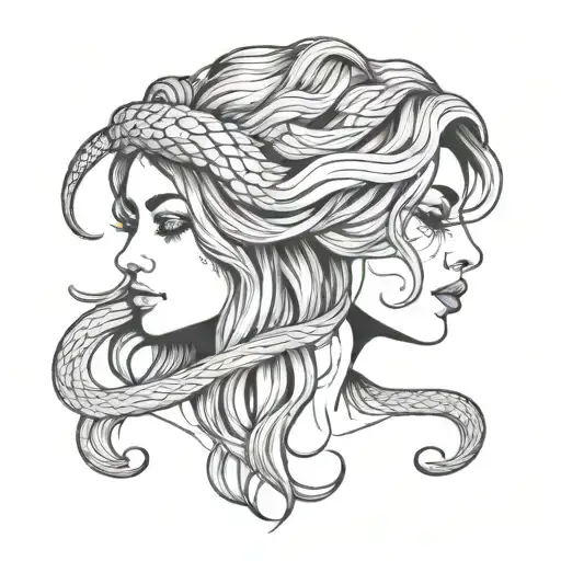 Minimalistic Simple Tattoo Of Girl With Long Wavy Hair Greek Style Front Profile And Snake