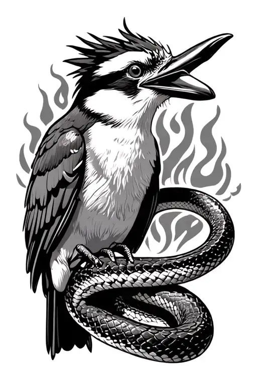 Kookaburra Eating A Snake With Fire Background Black