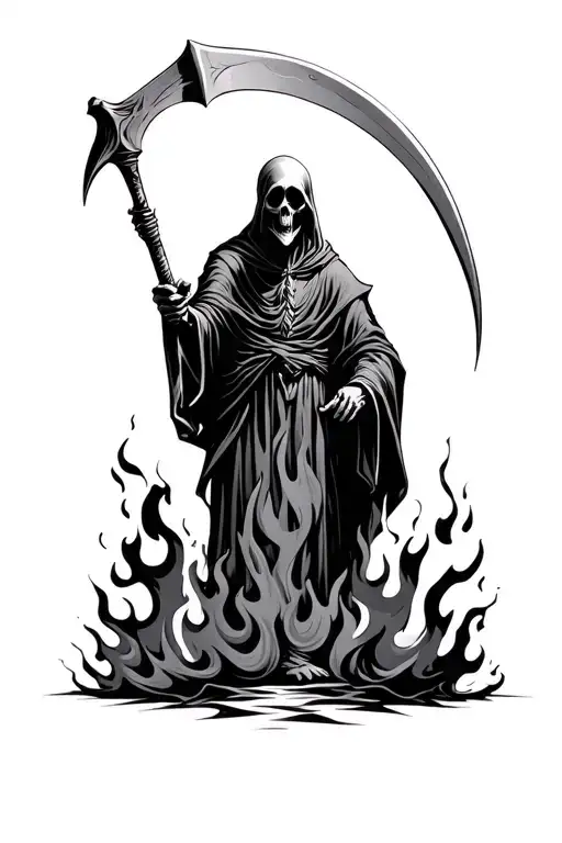 Grim Reaper Holding A Scythe Distinct Flames Starting From The Bottom Rising And Surrounding