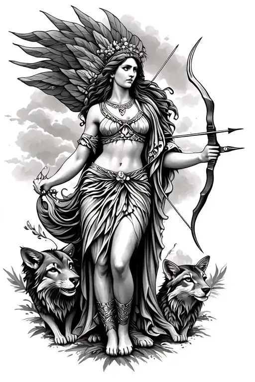 Greek Goddess With Bow And Arrow Along With Protective Animals