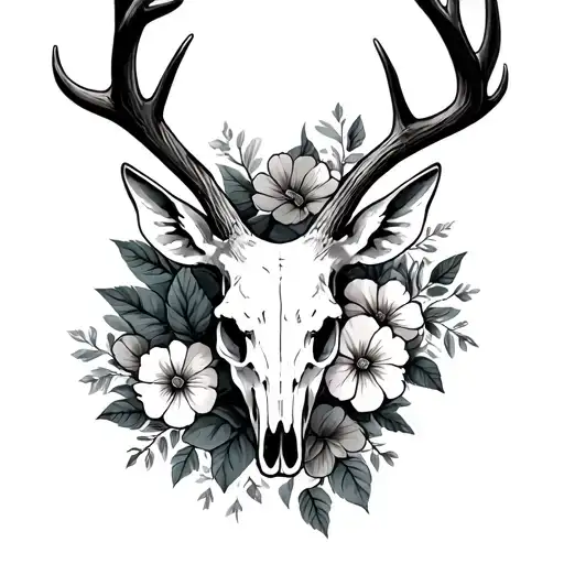 Deer Skull With Antlers With Flowers Surrounding