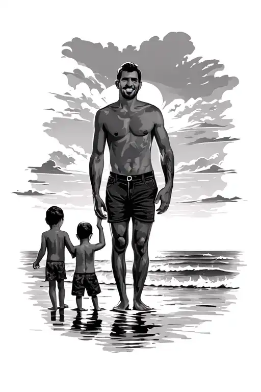 Dad With 3 Children On Beach Sunset