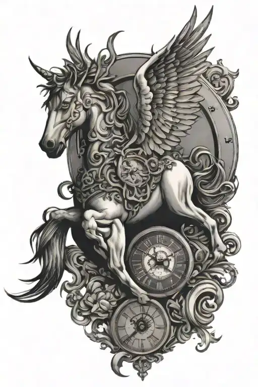 Forearm Tattoo With A Clock And Pegasus From Greekmythology And Some Other Cool Animal