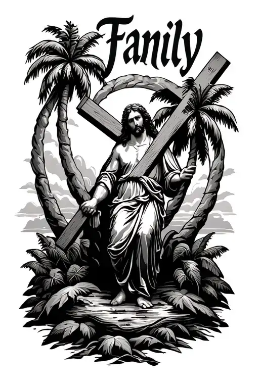 Jesus Carrying A Cross With The Word Family Above Add Palm Trees And Make It All Intertwined