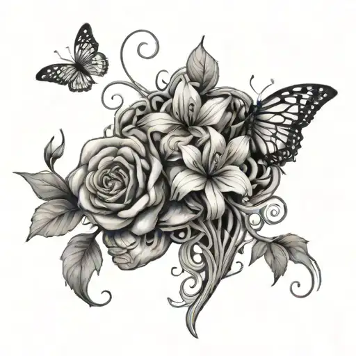 An Elegant Black And Grey Tattoo Of A Brain Intertwined With Vines Of Butterfly Roses And Lilies