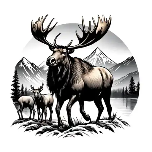 A Male Moose Leading 2 Young Male Moose Around A Beautiful And Canadian Moutain