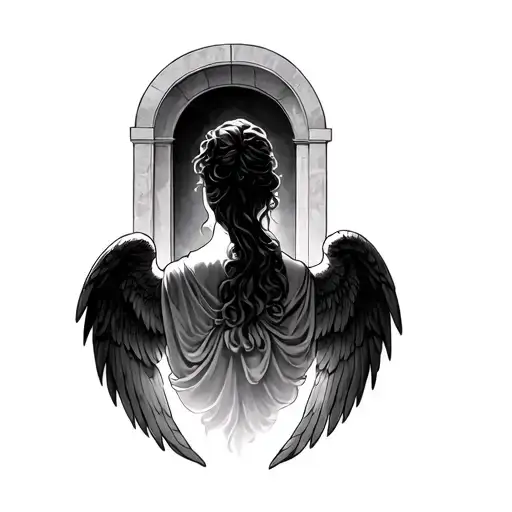 Angel Facing Away Towards A Doorframe Of Light