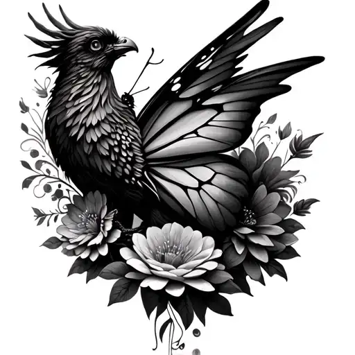 A Surreal Combination Of A Butterfly Made Of Flowers Fluttering Around A Vibrant Phoenix