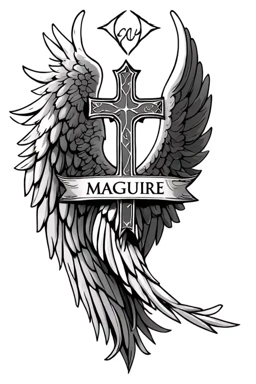 Angel Wings And Cross With The Name Maguire Upper Half Sleeve