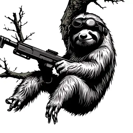 Sloth Hanging From A Tree With Night Vision Goggles And Holding A Rifle