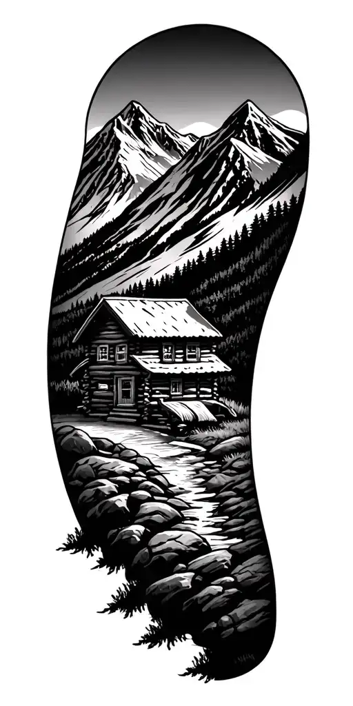 A Mountain Landscape Incorporating A Log Cabin