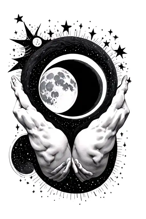 Black Hole In The Middle Of Back With Stars Connecting To Both Arms And Creating A Moon And A Sun