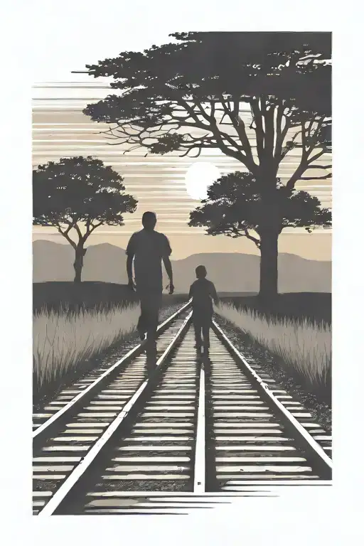 Silhouette Of Man Walking On Railroad Tracks Walking To Sunset