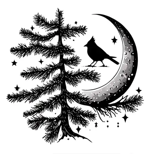 Pine Tree And Cardinal With Stars Moon