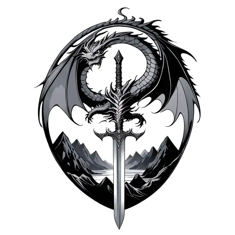 Dragon Over Mountains With A Sword Intertwined Feminine