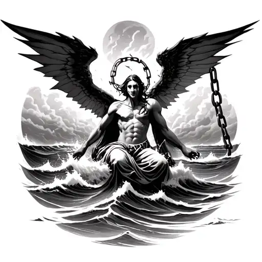Angle Spirit Surrounded By Waves And A Stormy Ocean With Chains Breaking Off Of Its Hands