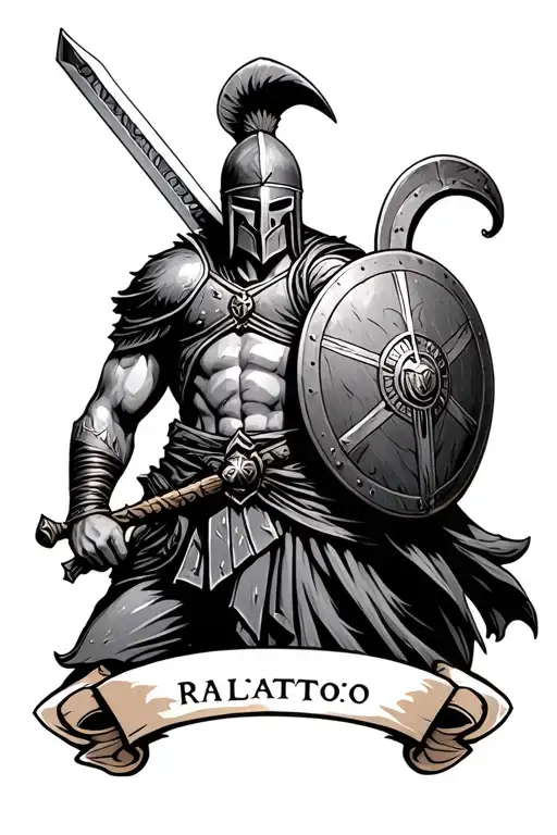 A Spartan Warrior With Sword And Shield Looking Fierce With A 3 Layered Scroll At The Bottom