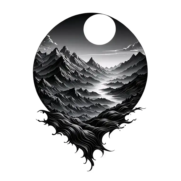 Abstract Flow Tattoo Featuring Mountains Panorama