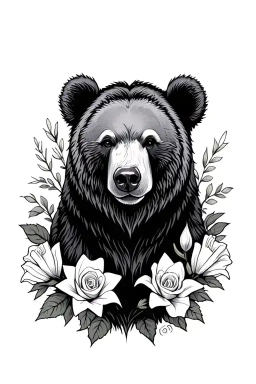 Traditional Bear With Rose And Gladiolus Flowers Growing