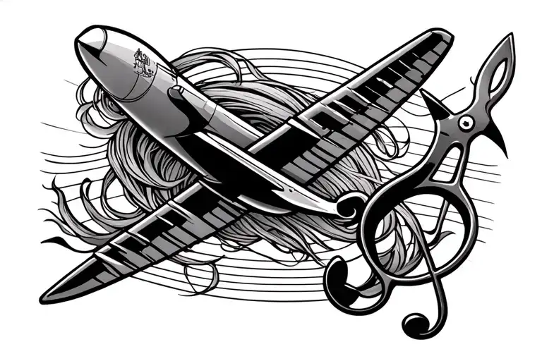 Airplane And Treble Clef Intertwined Shears Cutting Hair