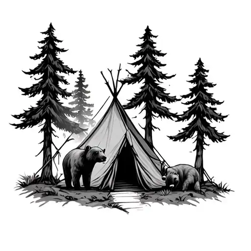 4 Trees A Tent And Bear