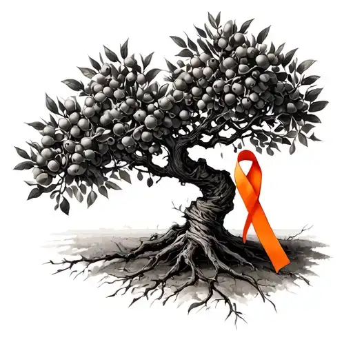 Orange Cancer Ribbon Wrapped Around Olive Tree Intertwined