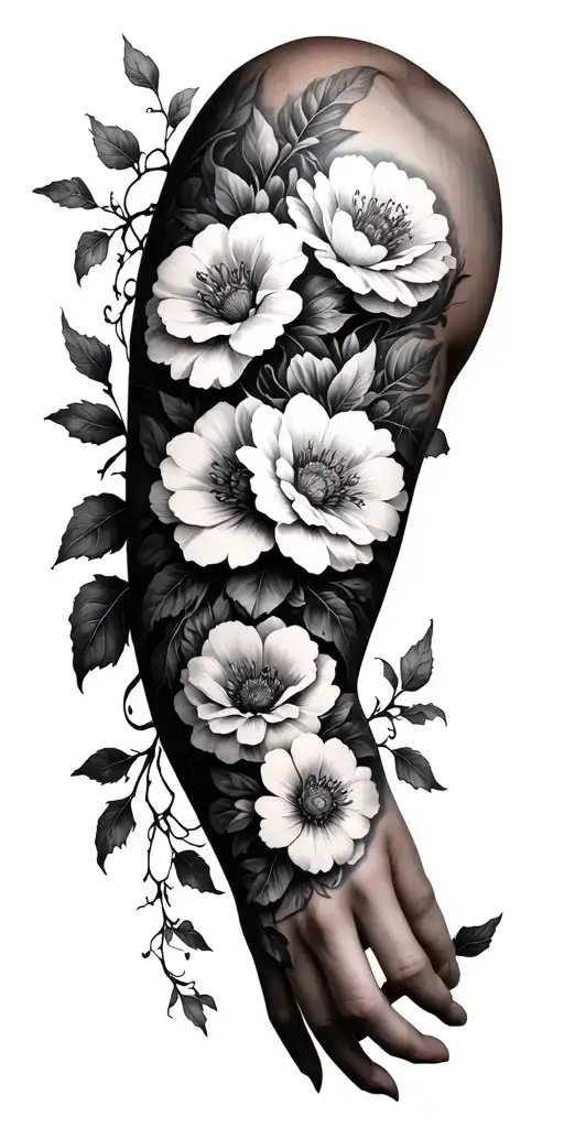 Tattoo Sleeve Of 7 Flowers Wrapped Around The Arm With Vines And Leaves Connecting All The Flowers