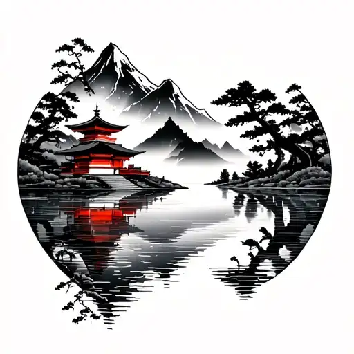 Japense Temple And Mountain Lake Scene
