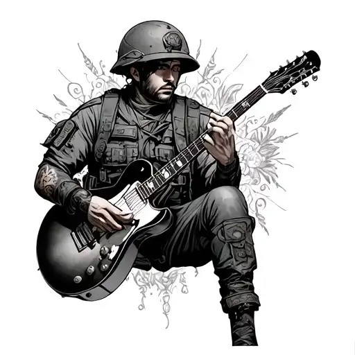Create A Manga-inspired Design Of A Soldier Playing A Guitar With Intricate Details