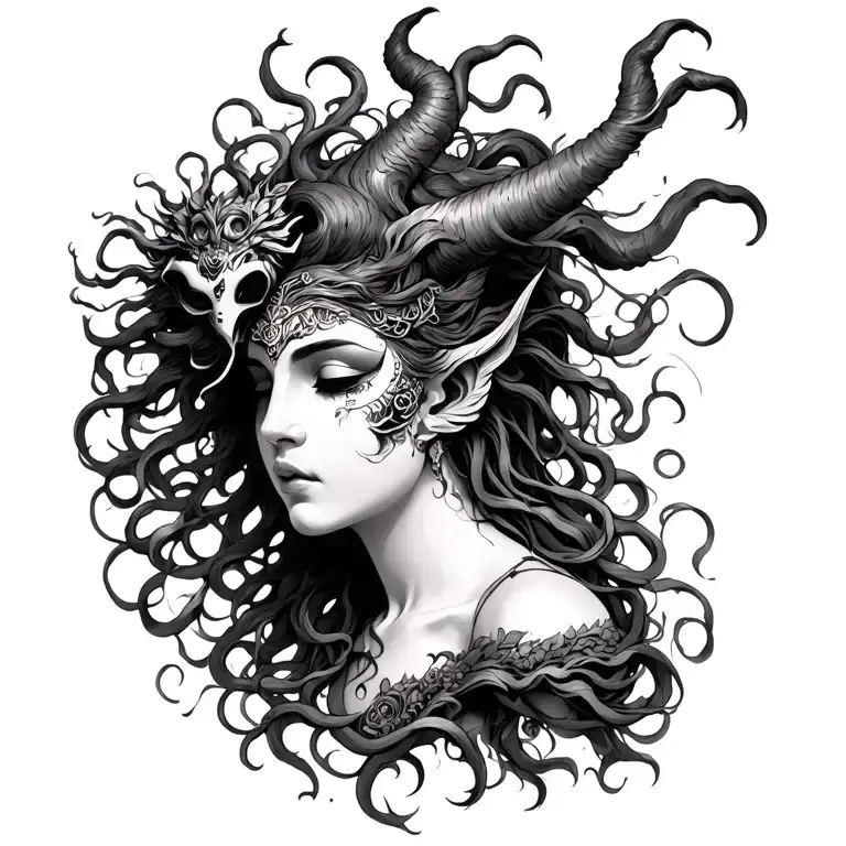 Medusa Goddess With Oni Mask Left Side Of The Back